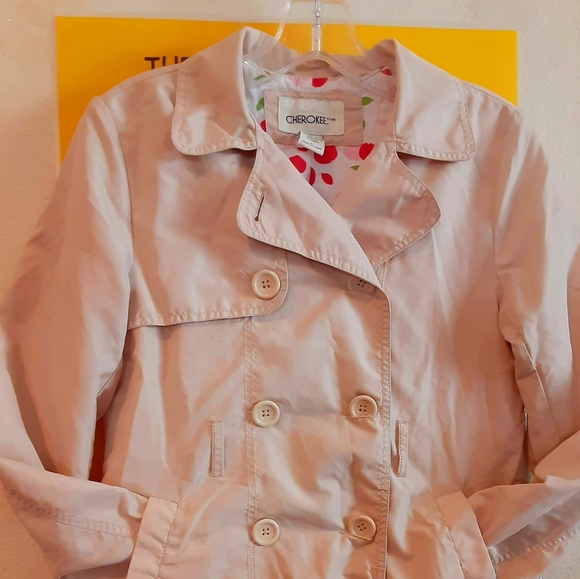 Cherokee beige long/trench/raincoat cherry print lined size L - Picture 1 of 4